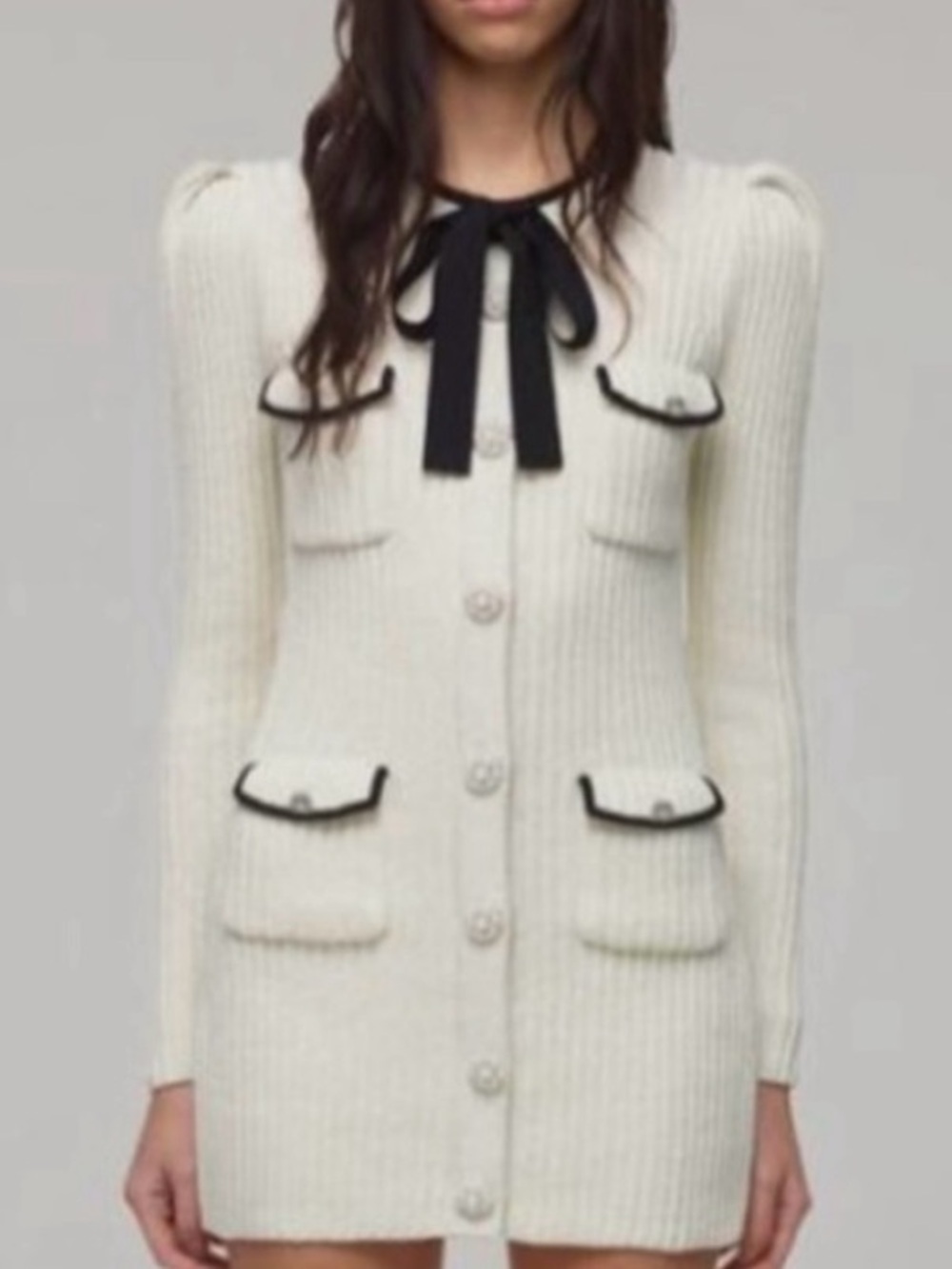 Self-Portrait Cream Ribbed Cardigan Dress with Black Trim and Bow